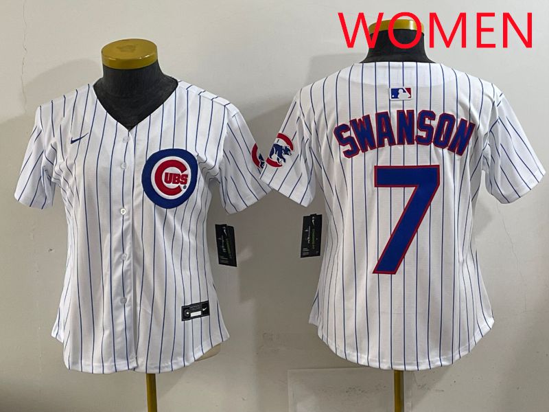 Women 2025 Chicago Cubs #7 Swanson White Stripe Game Nike MLB Jersey style 1